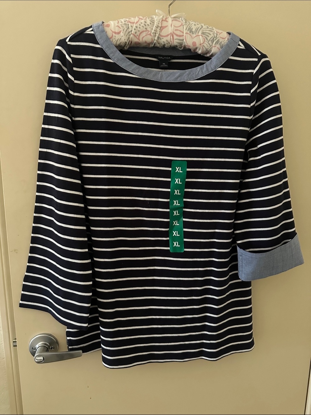 Nautica Navy & White Striped Long Sleeve Top with Chambray Trim